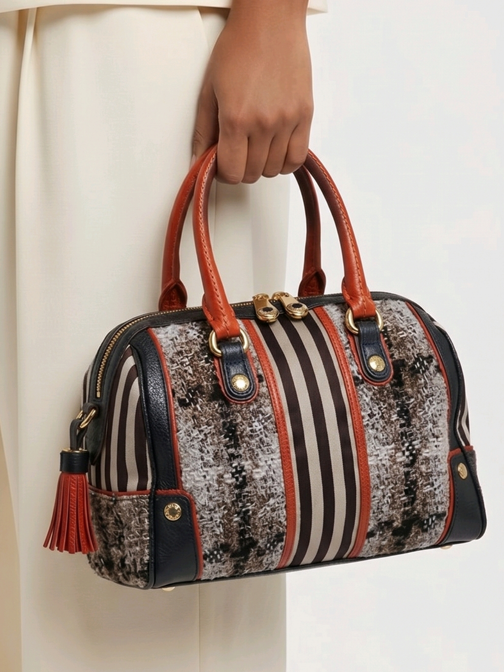 Henri Bendel Striped Tweed Barrel Boston Satchel Handbag Purse